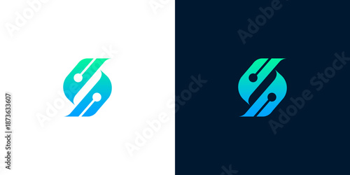 Modern abstract letter S logo design in blue and green gradient with technology circuit elements