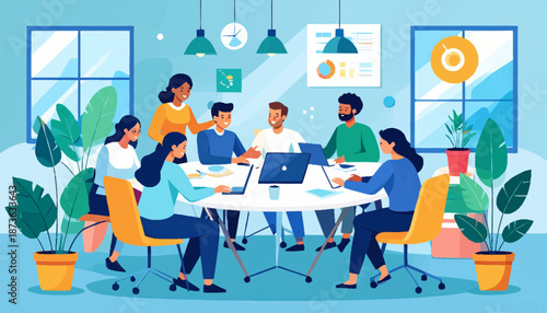 Dynamic flat vector illustration depicting a diverse business team collaborating on a project in a bright modern office, fostering innovation and strategic discussion during a productive meeting