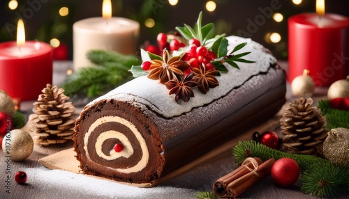 Christmas Themed Yule Log Cakes With Festive Decorations