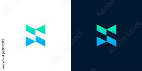 Modern abstract geometric logo design with blue and green gradient elements on white and dark backgrounds
