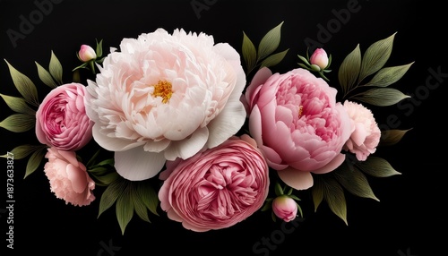 Floral Banner Flower Cover Or Header With Vintage Bouquets Pink Peonies White Roses Isolated On Black Background