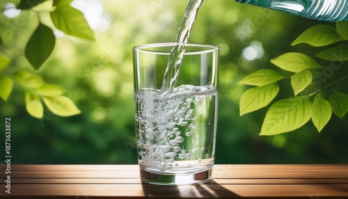 Clear Water Being Poured Into Glass On Wooden Surface Against Blurred Green Foliage Background