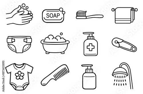 Hand drawn line art hygiene and baby care icons set featuring personal care and infant essentials for daily cleanliness routines