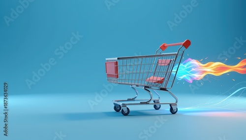 Shopping cart in motion with colorful streaks against a blue background.