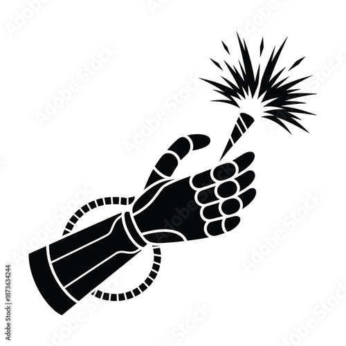 Robotic hand holding sparkler creating sparks and light with technological futuristic design and metal components and cable connection