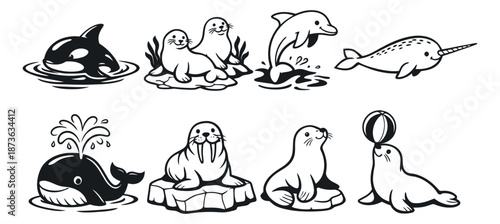 Cute hand drawn line art marine animal set featuring an orca, a dolphin, a narwhal, a whale, seals, and a walrus for children's designs
