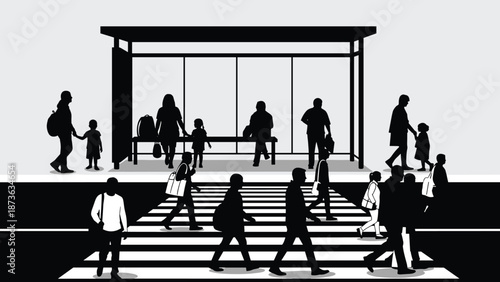 Black silhouette of people walking on crosswalk and waiting at bus stop for city life, urban transportation, and commuting concept.