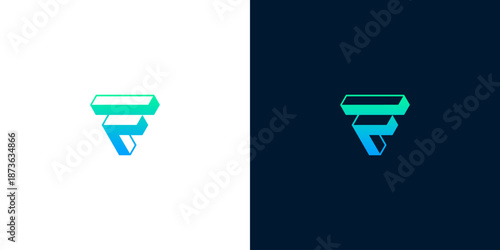 Geometric Abstract 'F' Logo Design with Gradient Colors on White and Dark Blue Backgrounds