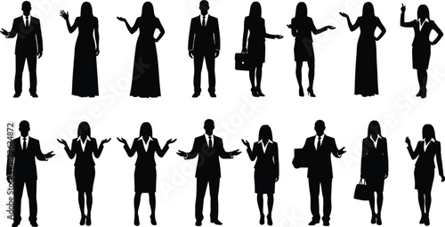 Black silhouette set of business people in suits and formal wear posing for corporate, professional, office, leadership, and success concept.