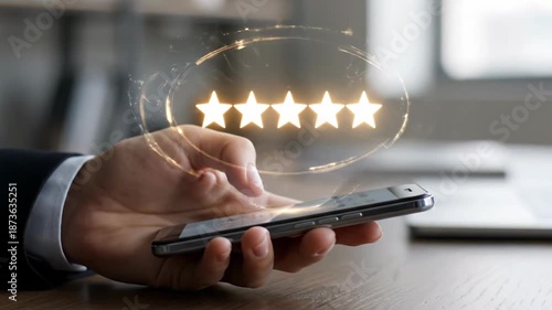 Customer leaves a five star review on a smartphone app.