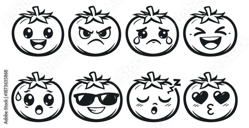 Hand drawn line art cartoon tomato emoji set featuring eight different facial expressions for food design and healthy eating concepts