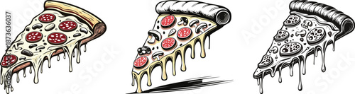 Cheese pizza slice illustration with melting strings black and white food art appetizing snack concept