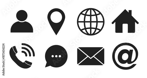 name, address, location, phone number messenger, postal address, email symbols, contact us outline icons set