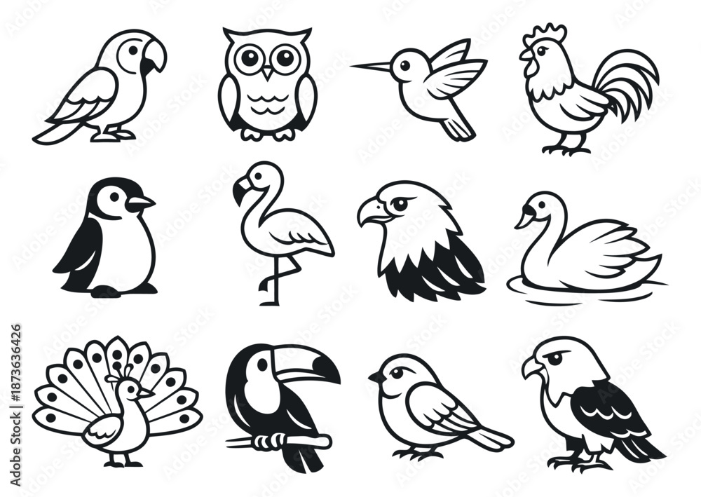 Fototapeta premium Hand drawn line art bird set featuring various wild, aquatic, and domestic birds for animal-themed designs