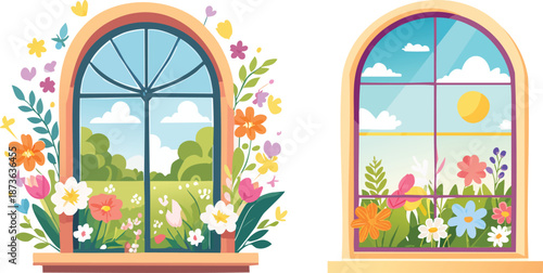 Charming arched window illustration with blooming garden view spring flowers cheerful scenery artwork