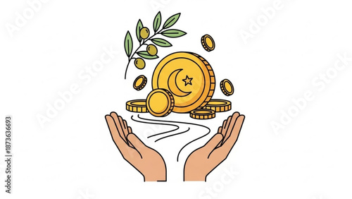 A pair of hands holding golden coins with a crescent moon and star symbol olive branch