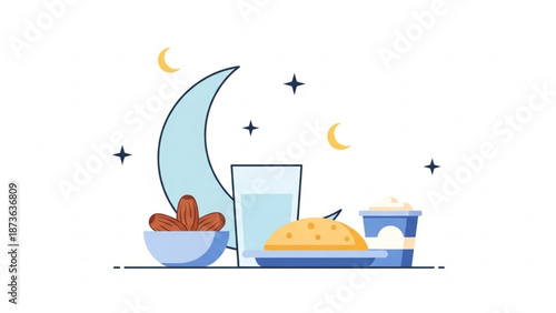 A serene nighttime scene with a bowl of dates a glass of water a plate of samosa and a cup