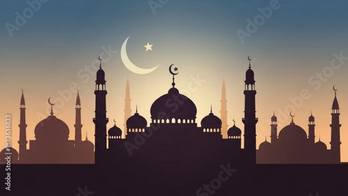 Silhouette of a mosque with crescent moon and star at sunset with gradient sky
