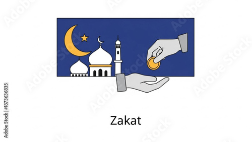 Islamic charity concept with hand giving zakat donation to mosque under crescent moon and star