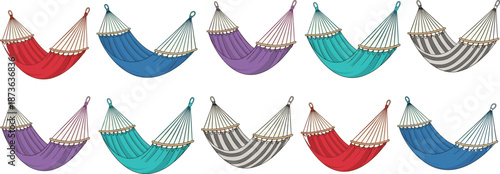 Colorful Hammock Set, Hanging Fabric Hammocks for Relaxation, Summer Outdoor Leisure Vector Illustration