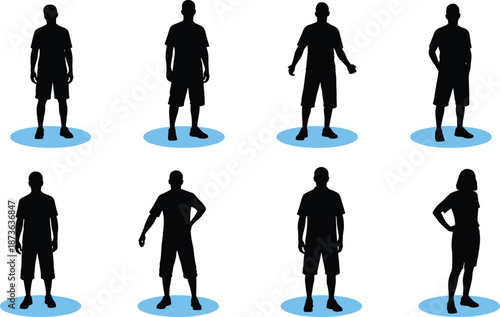 Black silhouette set of men and woman in shorts and summer clothing standing on blue circular platforms for social distancing.