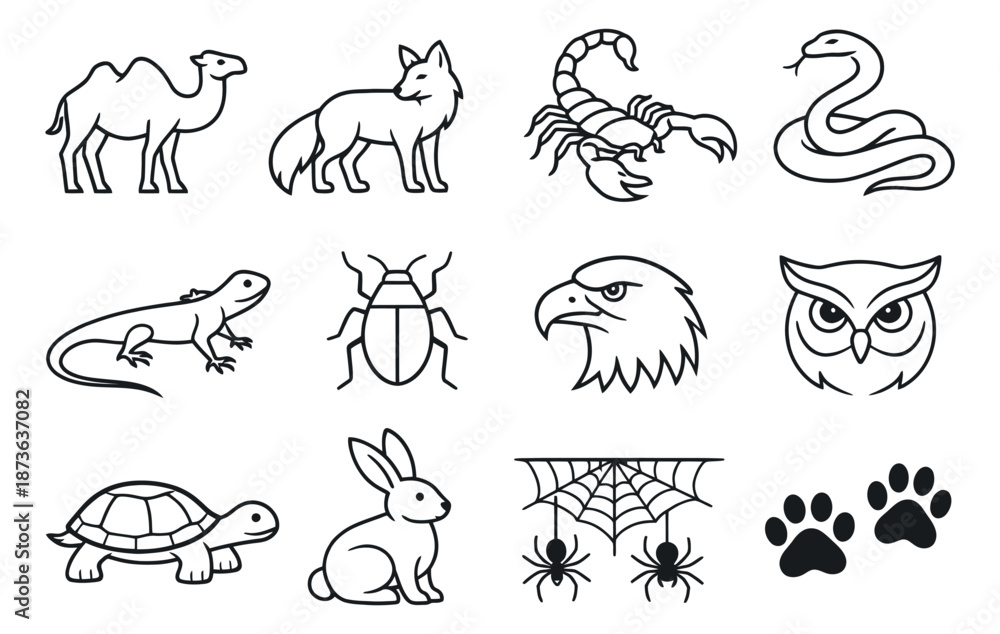 Obraz premium Line art wildlife icon set featuring diverse animals and nature elements for educational and design projects