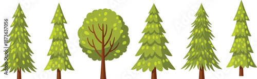 Cute green tree and bush set with pine and leafy forest plants, flat cartoon nature vector illustration