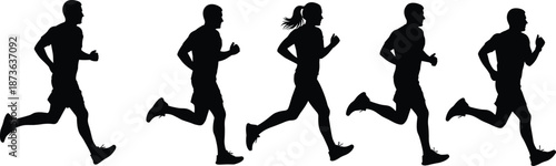 Black silhouette set of men and woman running and jogging for fitness, marathon, healthy lifestyle, sports, and training concept isolated.