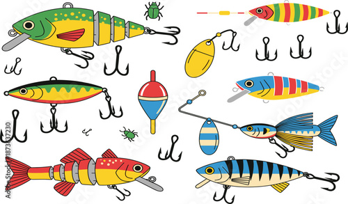 Fishing Lure and Bait Illustration Set with Hooks, Spinner, Float and Artificial Fish, Colorful Flat Vector Design