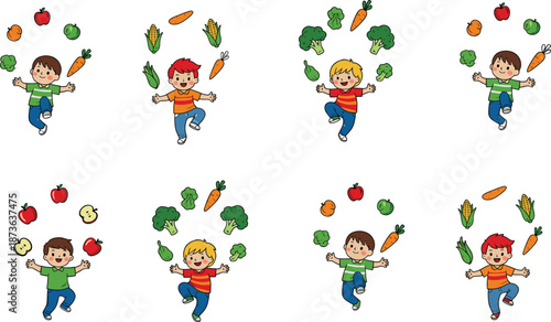 Happy Kids Playing with Fruits and Vegetables Vector Illustration Set Promoting Healthy Eating in Cute Cartoon Style