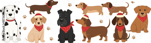 Cute Dog Breeds Vector Illustration Set with Puppies, Scarves and Paw Prints in Flat Cartoon Style