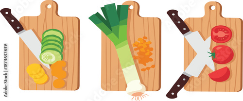 Kitchen Cutting Boards with Chopped Vegetables and Knives Vector Illustration Set in Flat Cooking Style