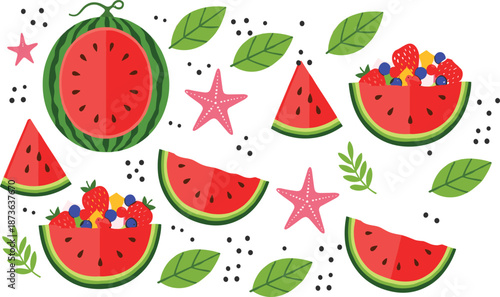 Watermelon Fruit Vector Illustration Set with Slices, Berries, Leaves and Decorative Elements in Flat Style