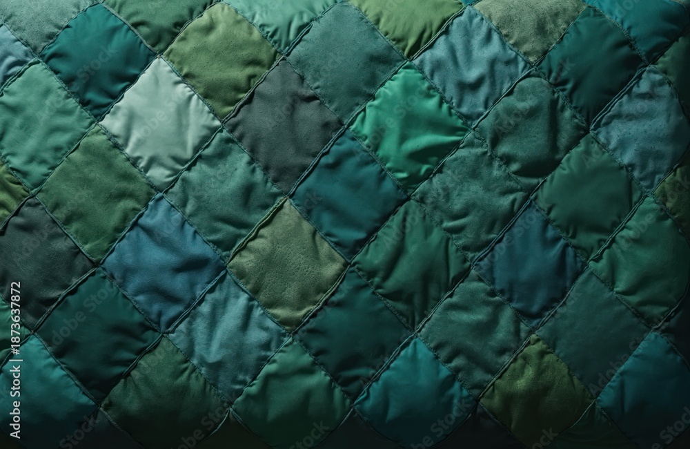 Fototapeta premium Close-up of green quilted fabric with geometric diamond pattern. Different shades of green textile patches create soft, inviting texture. Detailed material ideal for upholstery, home decor, fashion
