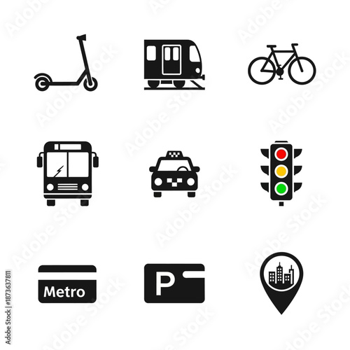 Various transportation icons including vehicles and traffic symbols displayed on a clean white background