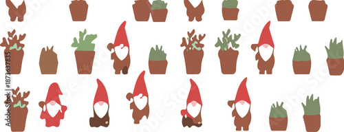 Cute Garden Gnomes and Potted Plants Vector Set with Minimal Flat Style Scandinavian Nature Elements
