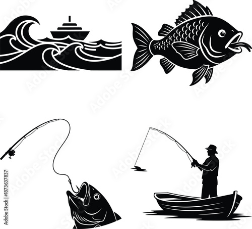 Collection of marine life and fishing activities featuring a boat, angler, fish, and ocean waves