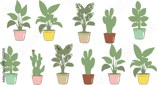 Potted Houseplants and Cactus Vector Illustration Set with Indoor Green Plants in Pastel Pots for Home Decor DesigN