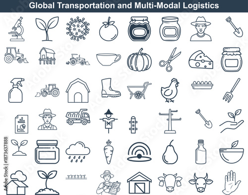 Collection of modern line icons representing agriculture, farm life, food production, and rural essentials