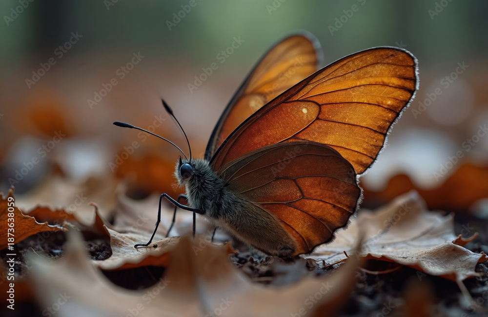 Obraz premium Close up shot displays butterfly resting on autumn leaves. Insect intricate wing details, camo. Natural light illuminates wing textures. Ground level focus gives soft green forest backdrop. Butterfly