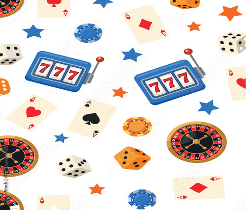 Casino Gambling Seamless Pattern Vector with Slot Machines, Playing Cards, Dice, Roulette and Chips for Game Background Design