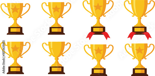 Gold Trophy Award Cup Vector Illustration Set Showing Winner Prizes, Achievement Symbols and Championship Success Concepts