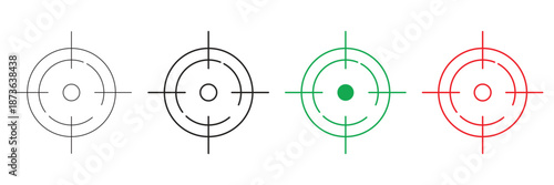 A set of four distinct crosshair icons including outline, solid, green and red variants representing targeting reticles for aiming and focus, isolated on a transparent background.