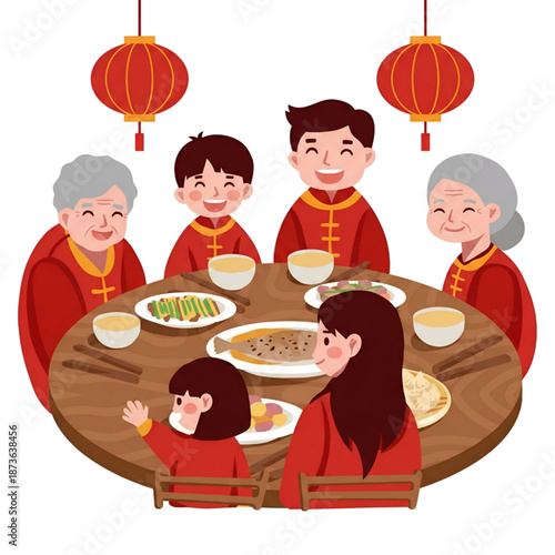 Vector icon illustration : happy multi-generational Asian family reunion, banquet table, food, dishes - Chinese New Year dinner, Lunar celebration, gathering, togetherness, luck