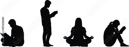 Black silhouette set of men sitting in wooden chairs reading books for education, relaxation, study, library, and literary concept isolated.