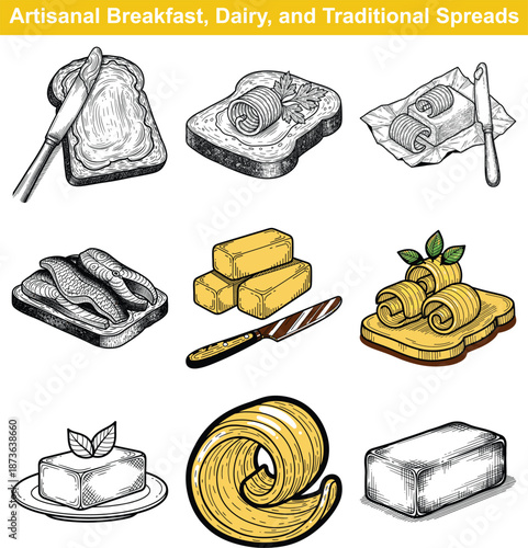 Vintage hand drawn vector set illustrating various dairy products, butter, and traditional breakfast spreads with toast