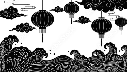 Elegant black and white oriental illustration featuring lanterns waves and clouds providing a