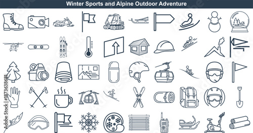 Winter sports and alpine outdoor adventure icons set featuring skiing, snowboarding, and hiking equipment