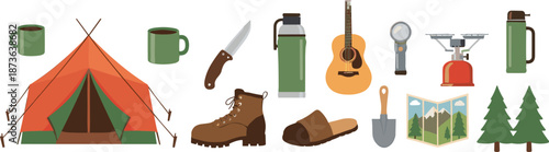 Camping and Outdoor Adventure Equipment Vector Illustration Set with Tent, Tools, Backpack and Hiking Gear for Travel Design