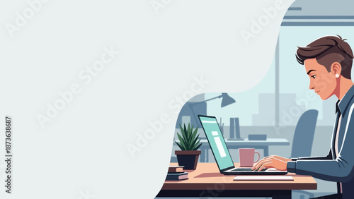 Illustration of a focused young professional working on a laptop in a modern office space